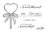 Red rubber stamp sheet with a heart-shaped lollipop on a stick tied with a ribbon bow, beside sentiments reading 'Hey Sweetheart', 'Love ya always', 'XOXO' and 'You're the Sweetest'.