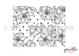 Line-art background stamp of magnolia blooms and branches filling the panel.