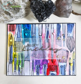 Card with the paintbrushes washed in pink, blue and yellow watercolour and a birthday word from another set.