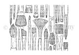 Red rubber background stamp of paintbrushes laid side by side in rows, round, flat, fan and liner shapes with worn handles, filling a full card panel.