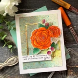 Card with a teal hexagon background and bright orange roses with pink berries inside a gold frame.