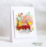White card with a peach rose and berry sprigs over gold polka dots with a red happy die-cut.