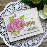 White card with a pink rose and berry sprig beside a gold happy die-cut and a Birthday label.