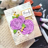 Card with a script background and two roses colored lavender with yellow berries beside 'Thanks for being a great boss'.