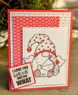 Coral heart card with the gnome, 'I love you gnome matter what'