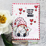 Card with the gnome over pink clouds and hearts, 'I love you gnome matter what'