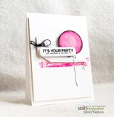 Handmade card made with Unity Stamp Co’s Party Mix red rubber stamp set — a retro cassette tape and a bunch of balloons — stamped and colored, with the sentiment “life is a mix tape”.