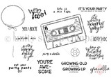 Party Mix red rubber stamp set from Unity Stamp Co — a retro cassette tape and a bunch of balloons — shown on the black-line stamp sheet with sentiment stamps including “a very happy bday to you” and “It’s your party — you can shout if you want to”.