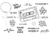 Red rubber stamp sheet with a retro cassette tape, a round balloon and a dial knob, surrounded by party sentiments including 'woo hoo', 'you rock', 'put your party pants on' and 'life is a mix tape'.