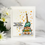 Clean white card with stamped gold stars: the gnome in a teal cupcake hat holds a “CELEBRATE” banner under stacked “Happy Birthday To You!” sentiments.