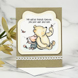 Copic-colored Winnie the Pooh and Piglet friendship card using Unity Stamp Co How Do You Spell Love stamp set, blue and green layered card with twine bow