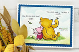 Blue-framed card of Pooh and Piglet watching butterflies with the 'How do you spell love?' Piglet and Pooh quote.