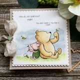 Winnie the Pooh and Piglet card with heart-patterned background and How Do You Spell Love Piglet sentiment, made with Unity Stamp Co rubber stamp set