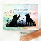 Silhouette-style card of two dogs at play beside a PLAY speech bubble with the friends-forever Pooh sentiment above.