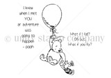 Winnie the Pooh floating from a balloon stamp with 'I knew when I met you an adventure was going to happen' and the what-if-you-fly quote.