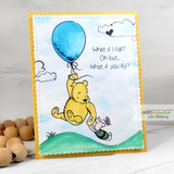 Blue balloon Pooh gliding over a green hill on a yellow-framed card with 'What if I fall? Oh but... what if you fly?'