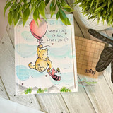 Watercolor-sky card of Pooh and Piglet floating by balloon with the what-if-you-fly sentiment.
