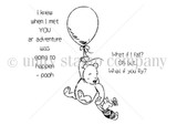 Winnie the Pooh floating from a balloon stamp with 'I knew when I met you an adventure was going to happen' and the what-if-you-fly quote.