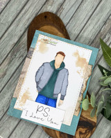 Card with the guy in a gray hoodie over a distressed tan background and 'P.S. I Love You.'
