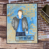 Card with the guy in a leather jacket over a blue brick wall with 'HAPPY BIRTHDAY.'