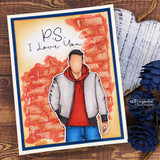 Card with the guy on a warm red distressed panel framed in navy, 'P.S. I Love You.'