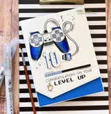 Card of a blue game controller over black-and-white stripes with a loading bar, 'congratulations on your level up.'