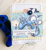 Bright card of a blue game controller with clouds, 'congratulations on your level up.'