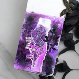 Mixed-media magenta card of the lilac stalk, 'don't just fly, soar'.
