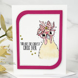 Pink-bordered card of the bandana hen with 'You are the coolest chick ever' beside white lilies.