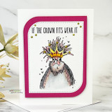 Crowned chicken card reading 'If the crown fits wear it' with tiny hearts on a pink rounded frame.
