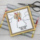 Yellow-framed square card of the wide-eyed chicken in a headscarf with the coolest-chick sentiment.