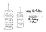 The Donut Birthday red rubber stamp set shown as black line art: stacked donuts with a candle and 'Happy Birthday' and 'Sending You Birthday Wishes' sentiments, by Angie Blom.