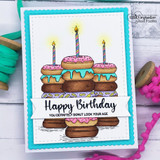 Donut Birthday card, a colorful tower of glazed donuts with a candle, 'Sending you birthday wishes' sentiment.