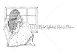 A red rubber stamp set of a girl wrapped in a blanket by a window with calming sentiments.