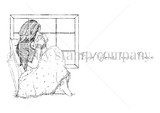 Red rubber stamp sheet with a girl in a dotted dress sitting quietly beneath a window frame, drawn in fine line as a single focal image.