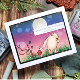 Card with Pooh and Piglet walking under a full moon on a pink-and-purple night sky, with the 'hundred minus one' quote.