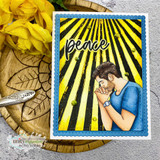 Card of a man kneeling in prayer against a black-and-yellow sunburst with a stamped 'Peace.'
