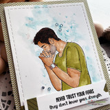 Watercolor card of the man praying in a green shirt with 'Never trust your fears, they don't know your strength.'