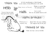 Eeyore with butterflies stamp kit surrounded by 16 sentiments including Thank You, Hugs, Happy Birthday and 'Wishing you an ungloomy day.'