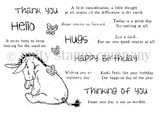 Eeyore with butterflies stamp kit surrounded by 16 sentiments including Thank You, Hugs, Happy Birthday and 'Wishing you an ungloomy day.'