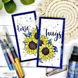 Two tall slimline cards with sunflowers and hand-lettered 'love' and 'hugs' sentiments.