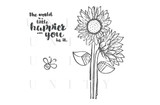 Red rubber stamp sheet: tall sunflower trio, small bee, and 'The world is a little happier with you in it' sentiment