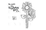 Red rubber stamp sheet: tall sunflower trio, small bee, and 'The world is a little happier with you in it' sentiment