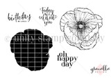 Happy Day Poppies stamp sheet: a detailed outline poppy, a matching solid poppy layer, and sentiments 'birthday wishes', 'Today we celebrate you' and 'oh happy day'.