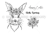 Line art of the It's Spring, Bunny stamp set: a softly drawn bunny face wearing a crown of roses and daisies, a separate floral spray, and script sentiments reading Happy Easter and Hello Spring.