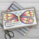 Slimline card with the butterfly colored coral and yellow with 'You are free to fly.'