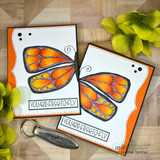 Two cards with the butterfly colored bright orange with 'You are free to fly.'