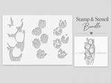 Product image of the outline tulip stamp sheet beside its coordinating tulip layering stencil, labeled a stamp and stencil bundle on white.