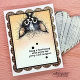 Card sample — a wide-eyed fuzzy owl, 'being a functioning adult every day seems a bit excessive', on brown scalloped love paper.