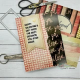 Card sample — layered pink XOXO and heart papers, 'Happy Valentine's Day from the best decision you ever made.'